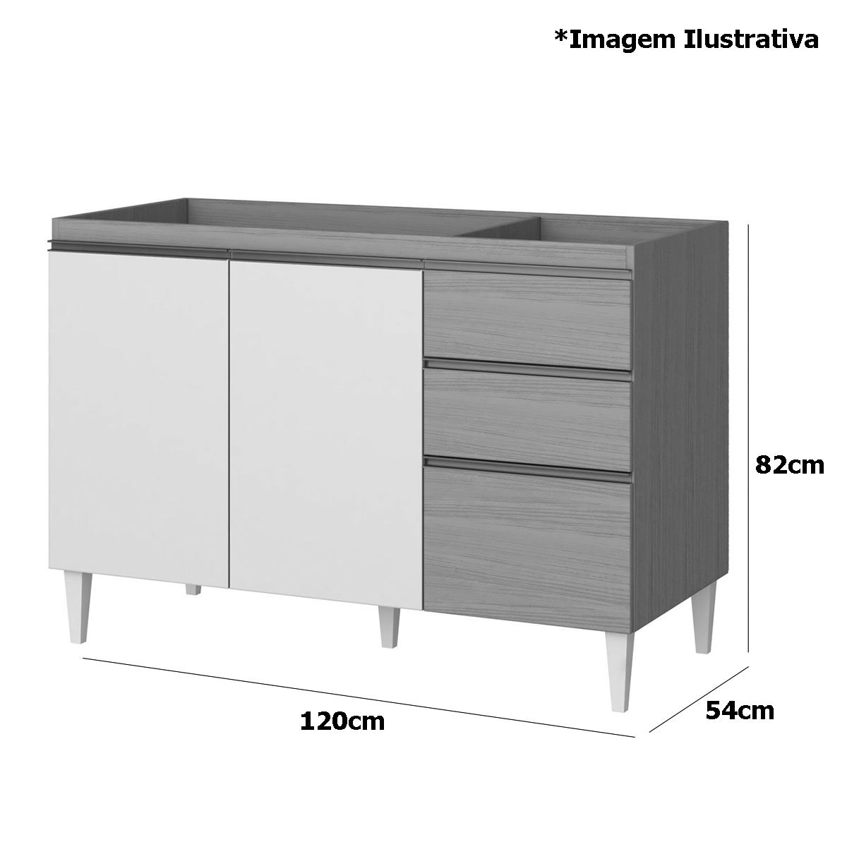 Balcão de Pia para Cozinha 120 cm 3 Portas 2 Gavetas Nevasca