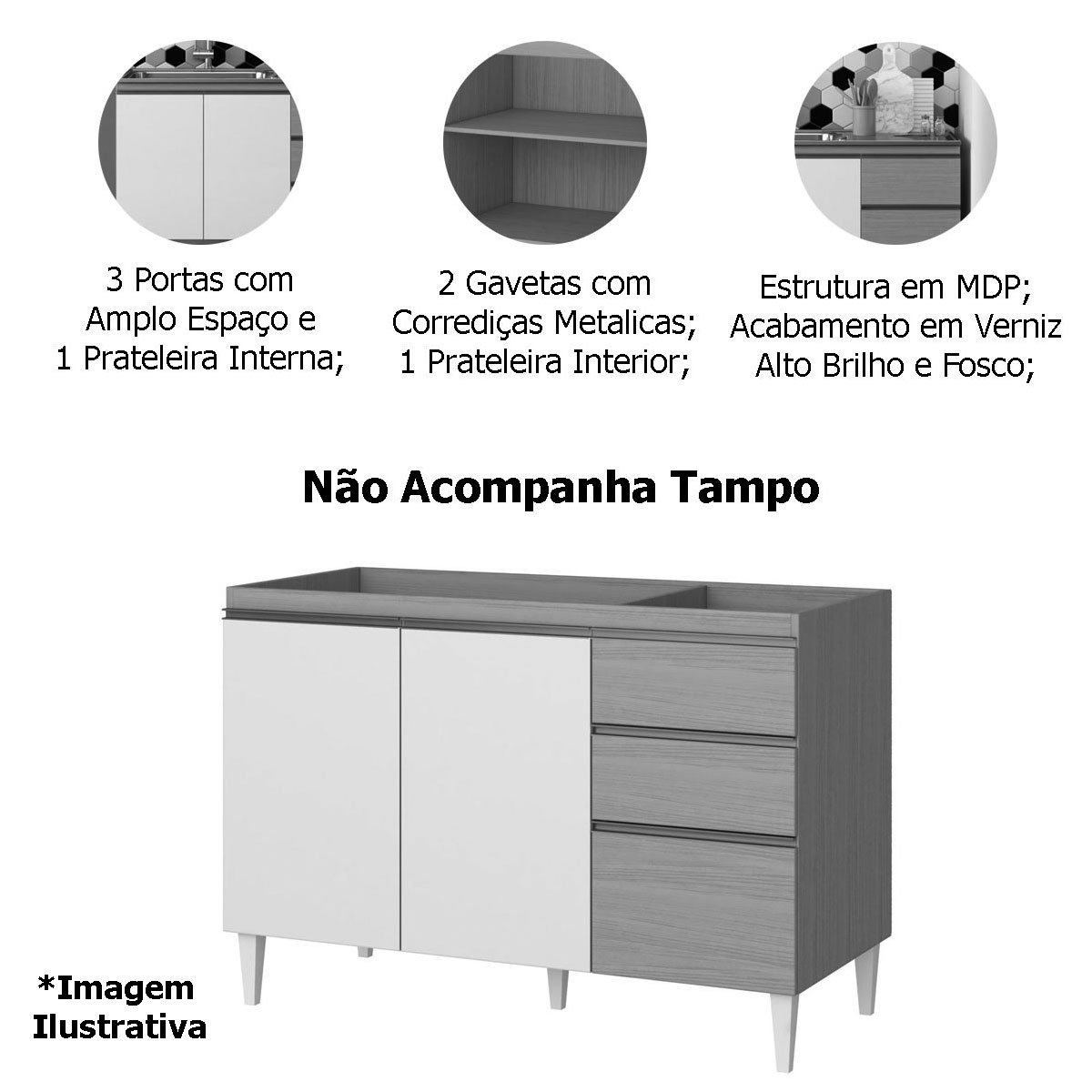 Balcão de Pia para Cozinha 120 cm 3 Portas 2 Gavetas Nevasca