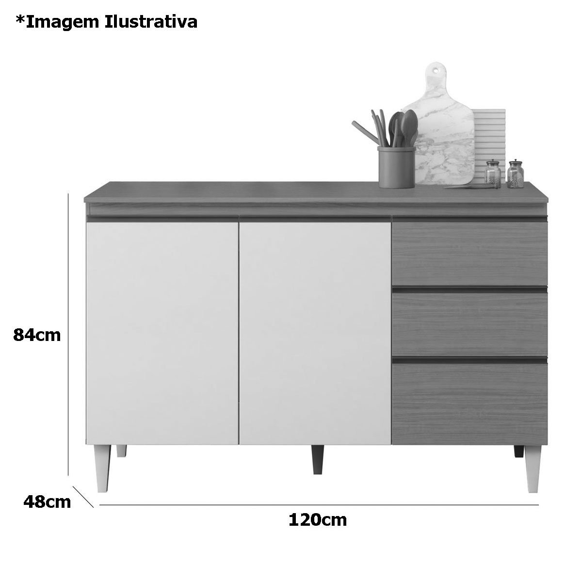 Balcão para Cozinha 120 cm 3 Portas 2 Gavetas Nevasca