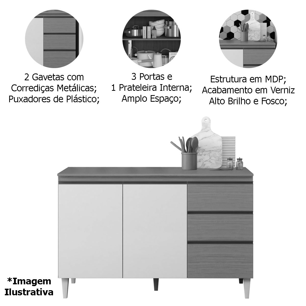 Balcão para Cozinha 120 cm 3 Portas 2 Gavetas Nevasca