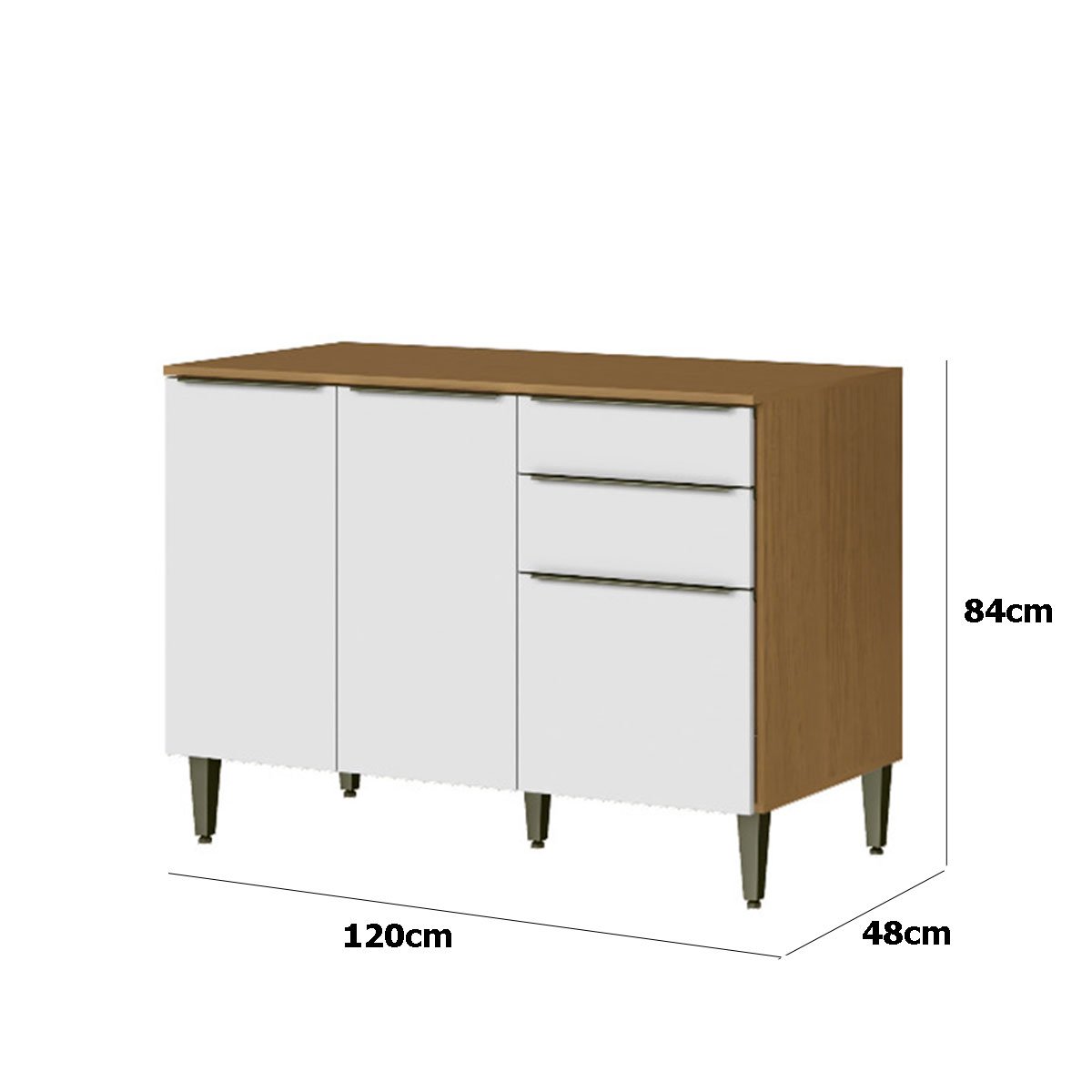 Balcão para Cozinha 120cm 100% MDF 3 Portas 2 Gavetas Luna Atacama/Branco