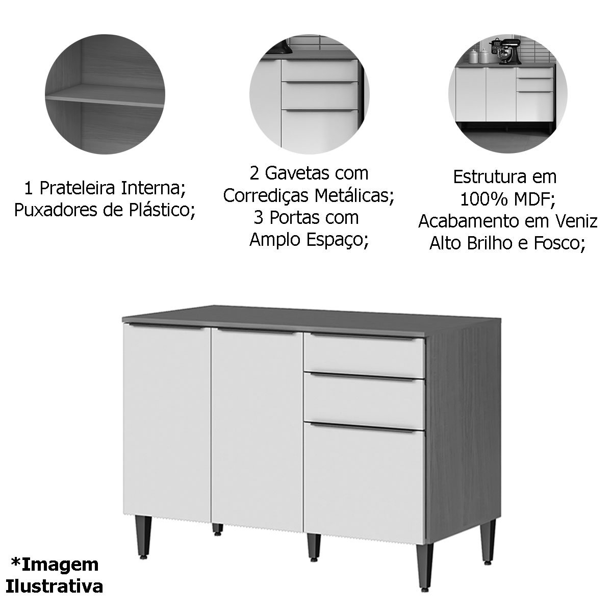 Balcão para Cozinha 120cm 100% MDF 3 Portas 2 Gavetas Luna Atacama/Branco