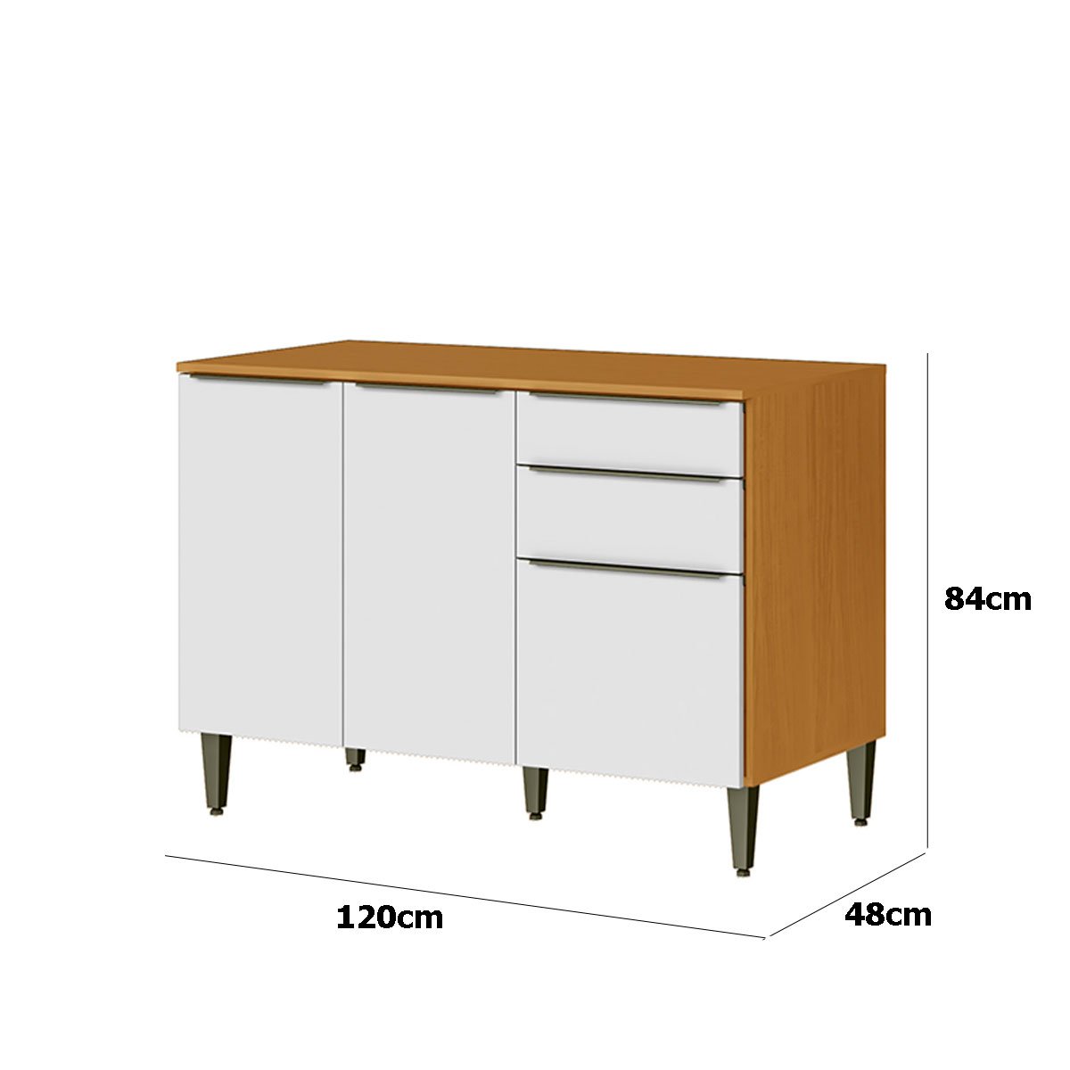 Balcão para Cozinha 120cm 100% MDF 3 Portas 2 Gavetas Luna Cinamomo/Branco