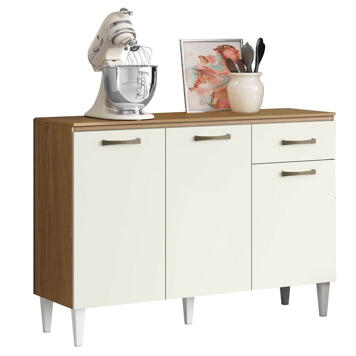 Balcão para Cozinha 120cm 3 Portas 1 Gaveta Halena Atacama/Off White