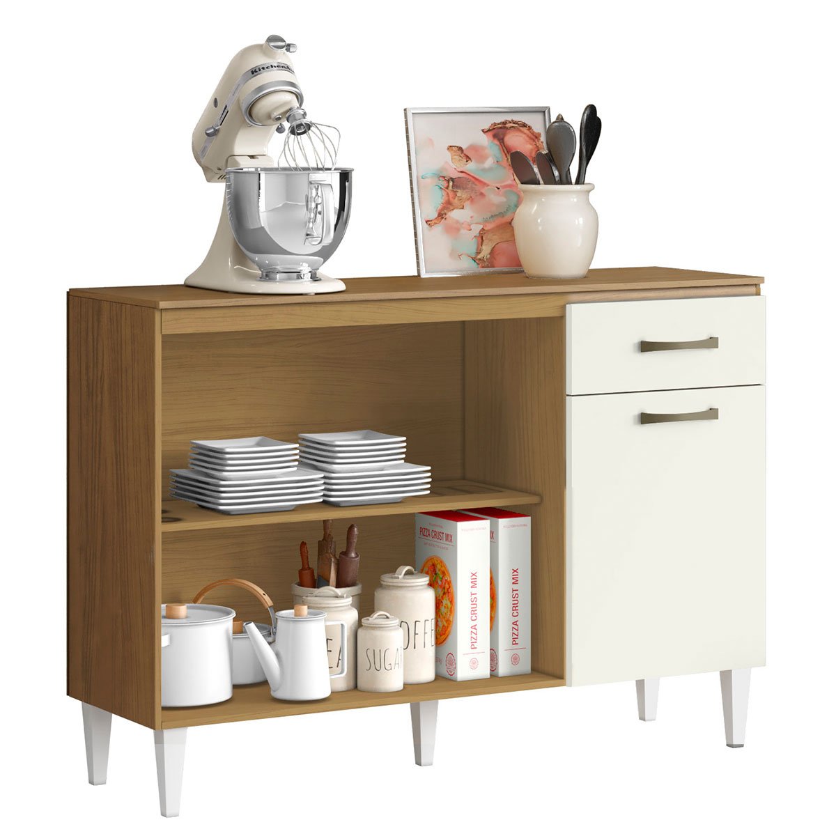 Balcão para Cozinha 120cm 3 Portas 1 Gaveta Halena Atacama/Off White