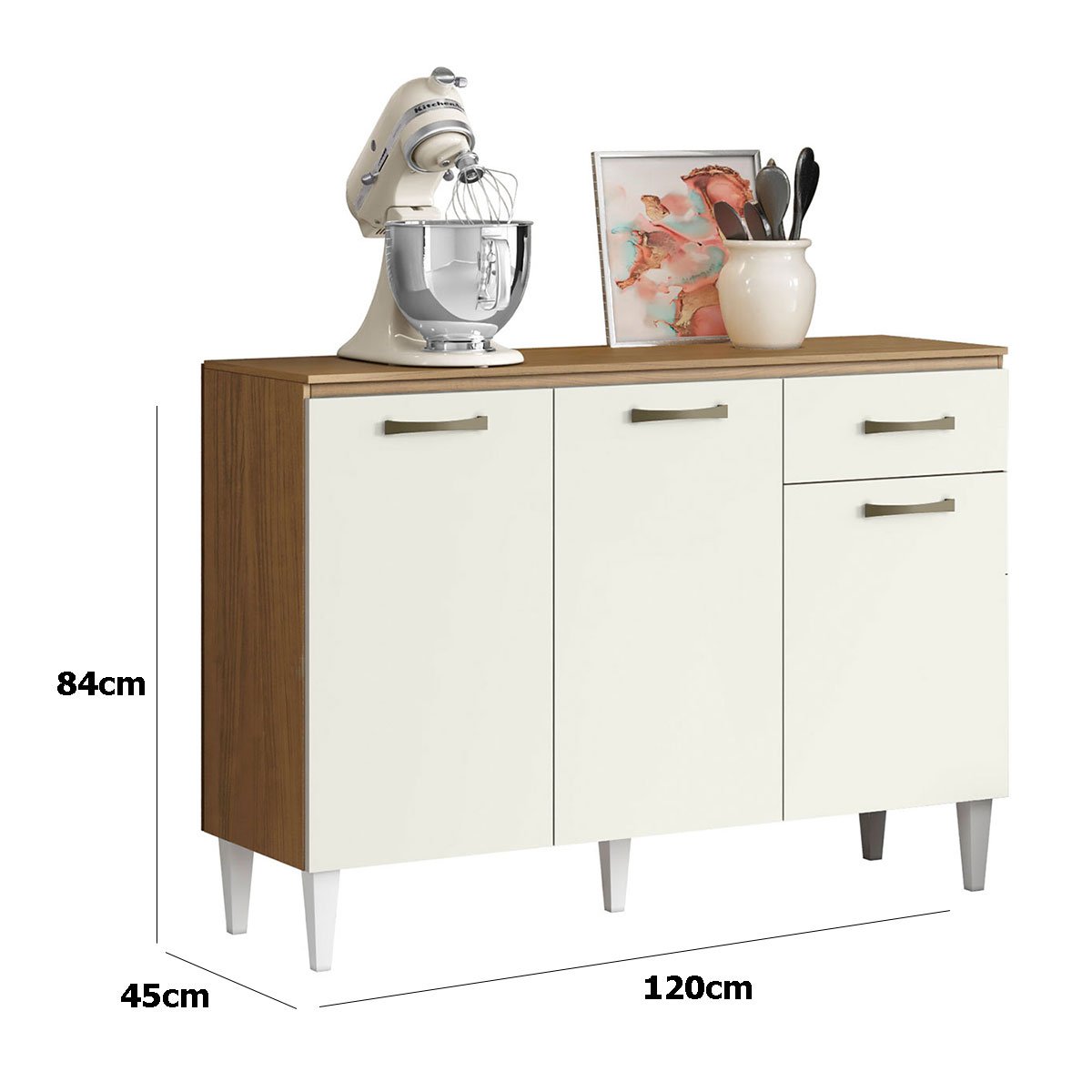 Balcão para Cozinha 120cm 3 Portas 1 Gaveta Halena Atacama/Off White