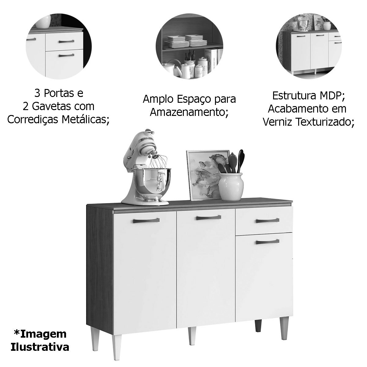 Balcão para Cozinha 120cm 3 Portas 1 Gaveta Halena Atacama/Off White