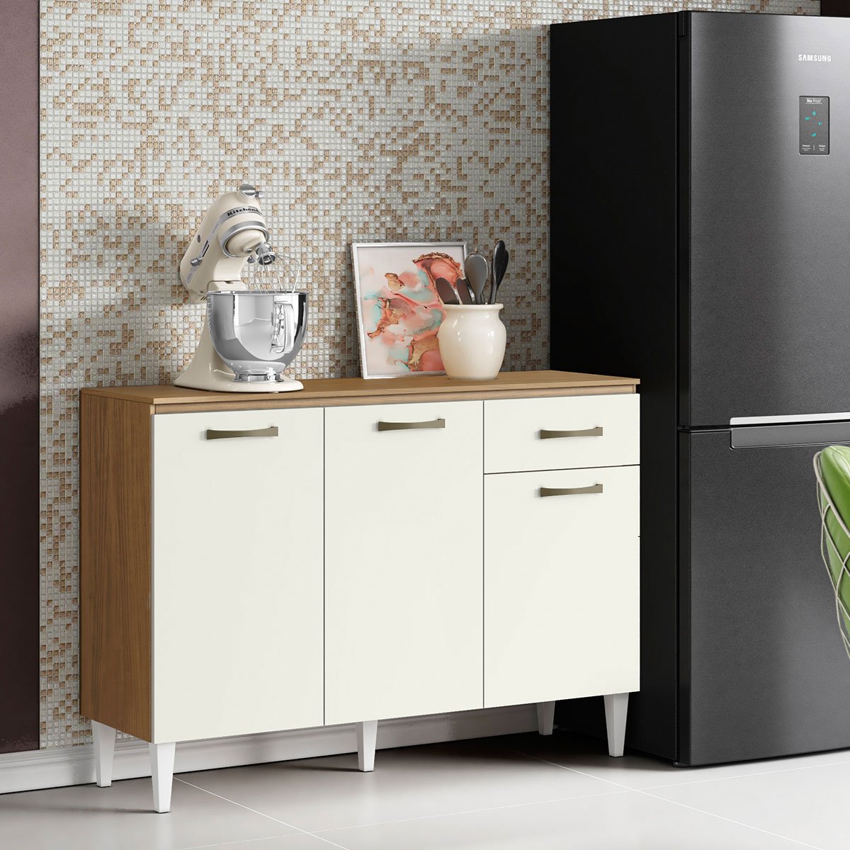 Balcão para Cozinha 120cm 3 Portas 1 Gaveta Halena Atacama/Off White