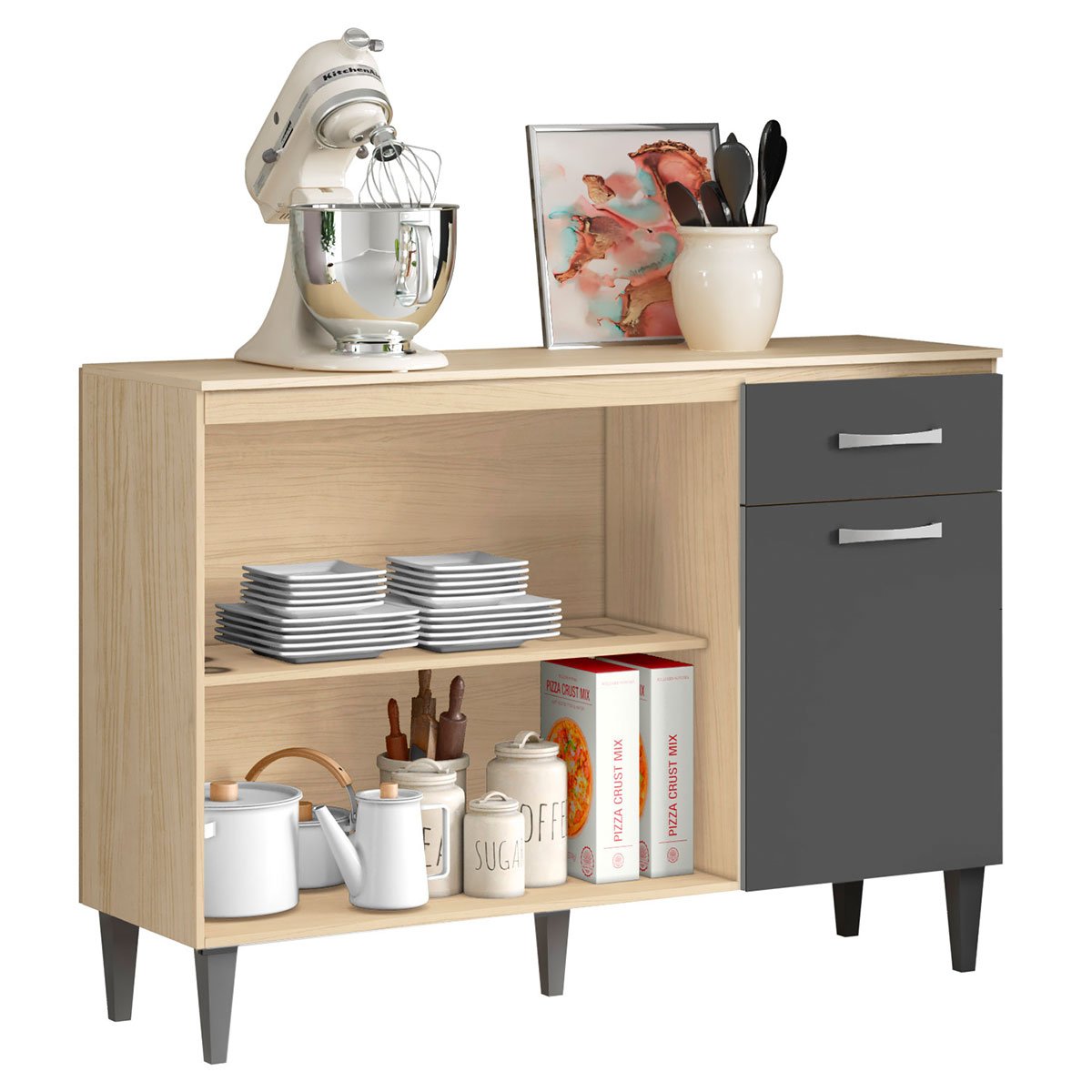 Balcão para Cozinha 120cm 3 Portas 1 Gaveta Halena Avena/Grafito