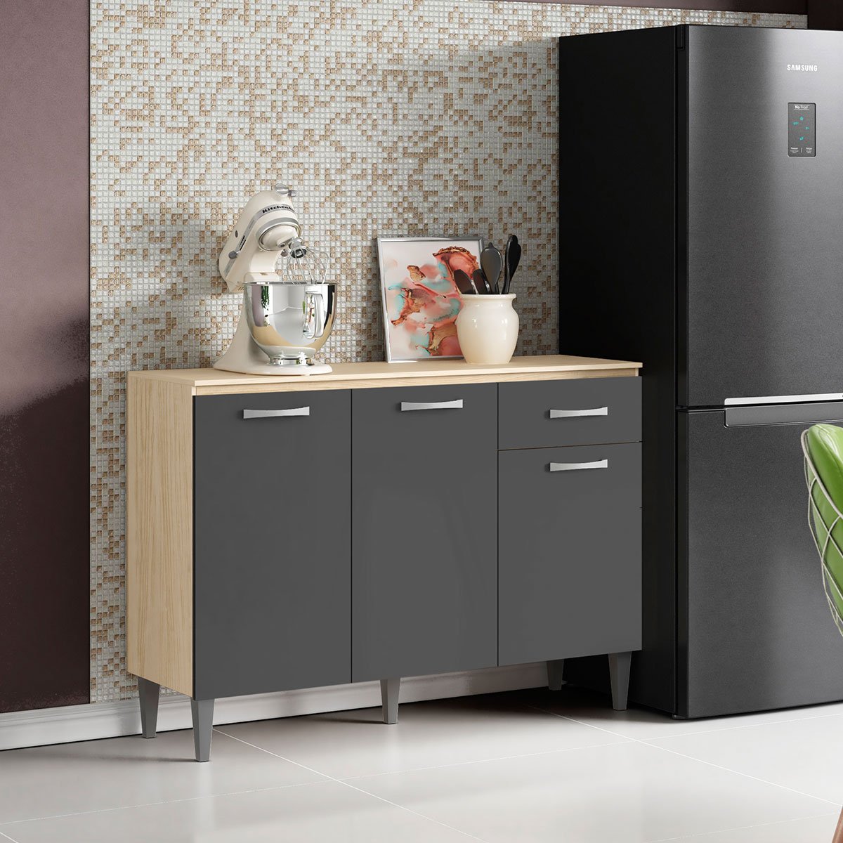 Balcão para Cozinha 120cm 3 Portas 1 Gaveta Halena Avena/Grafito