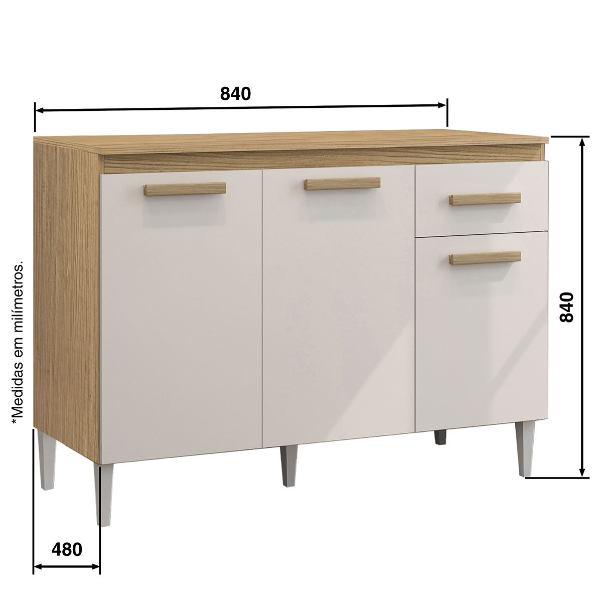 Balcão para Cozinha 120cm 3 Portas 1 Gaveta Valentina Atacama/Off White