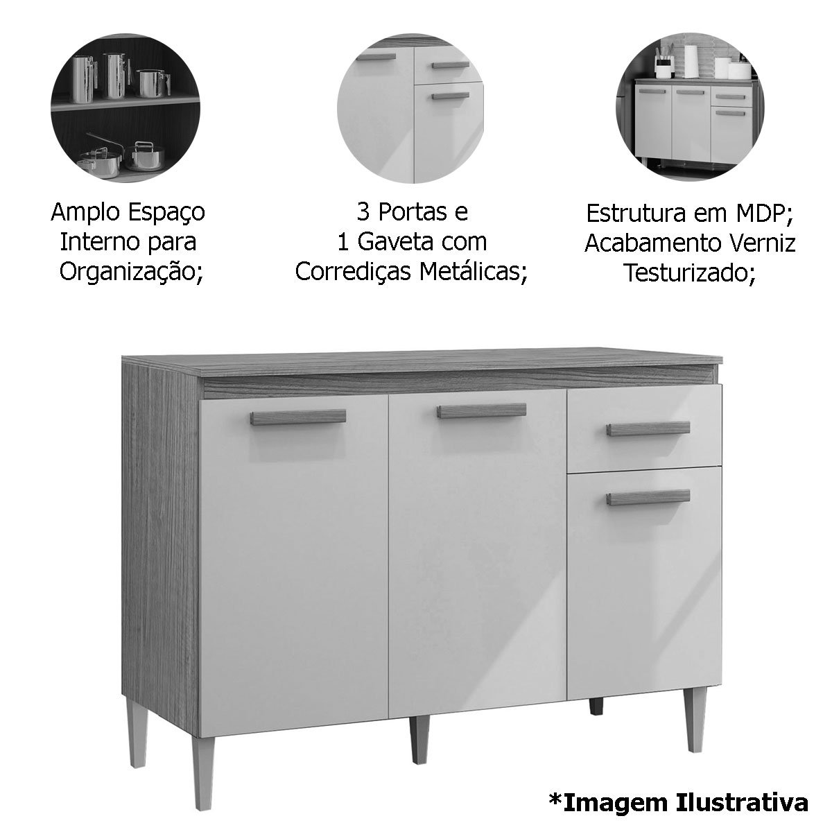 Balcão para Cozinha 120cm 3 Portas 1 Gaveta Valentina Atacama/Off White