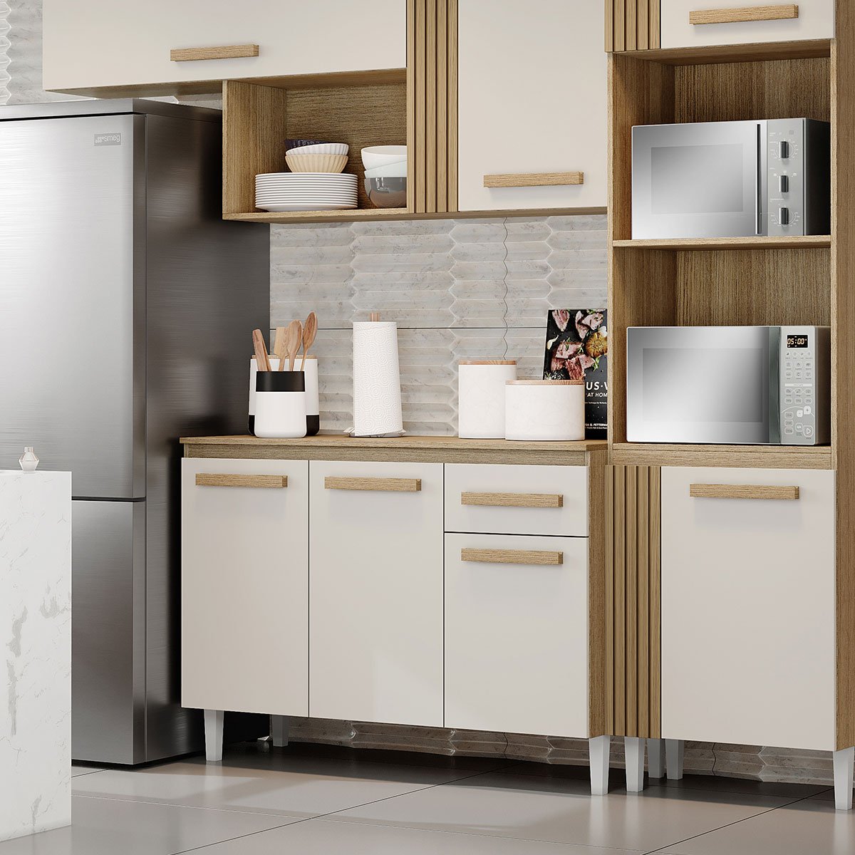 Balcão para Cozinha 120cm 3 Portas 1 Gaveta Valentina Atacama/Off White