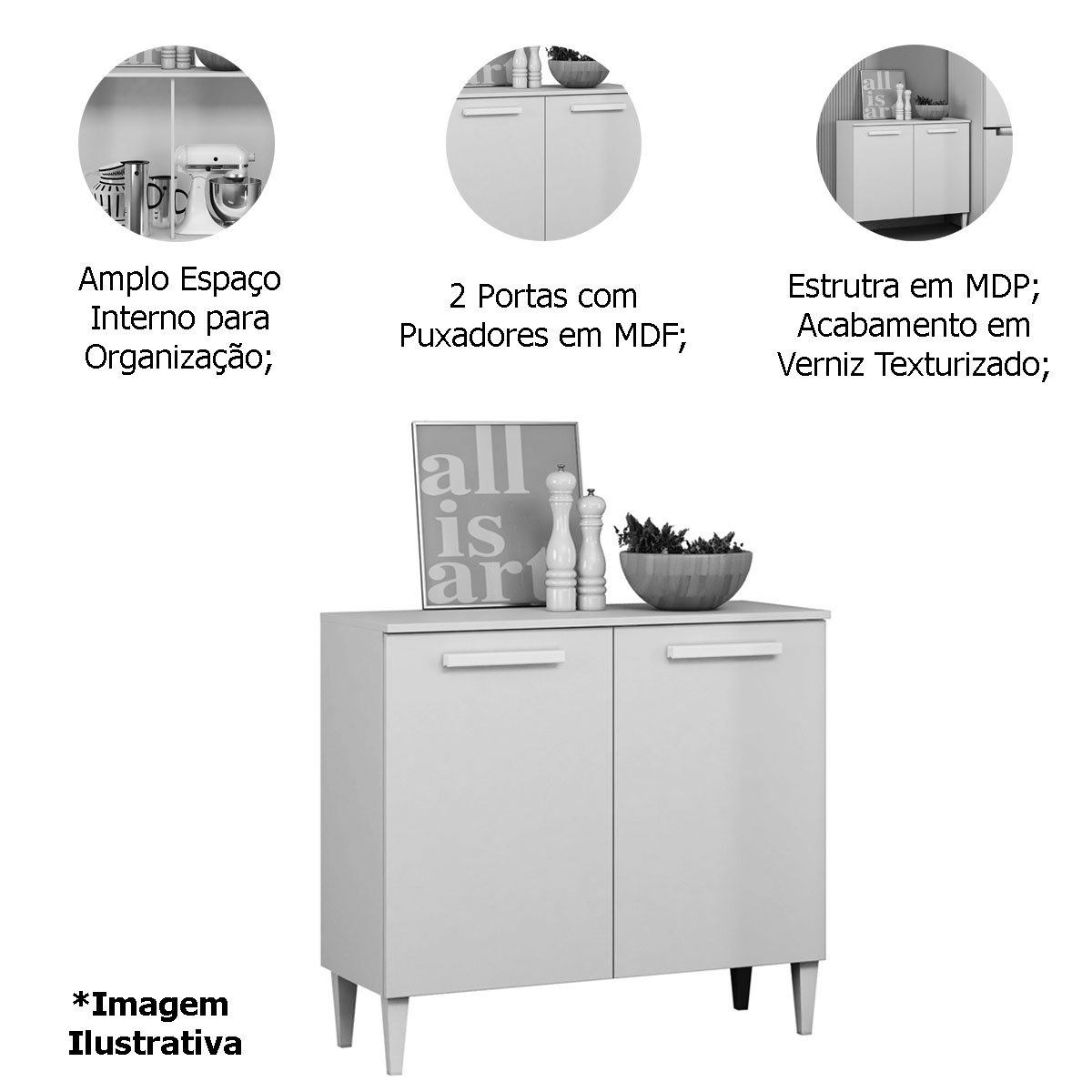 Balcão para Cozinha Pequeno 2 Portas Estelle Branco