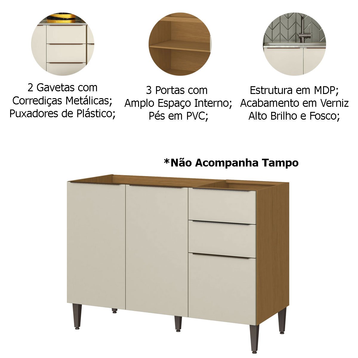 Balcão para Pia de Cozinha 1,20 cm 3 Portas 2 Gavetas Raiar
