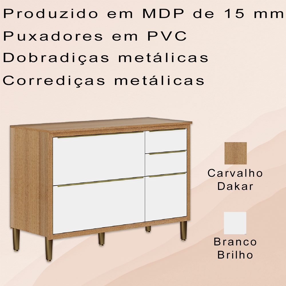Balcao com Tampo 3 Pt 2 Gav 2003701 Carvalho Dakar Branco ARMoveis