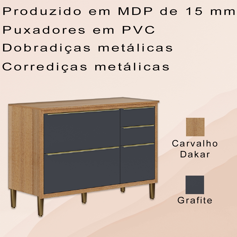 Balcao com Tampo 3 Pt 2 Gav 2003701 Carvalho Dakar Grafite ARMoveis