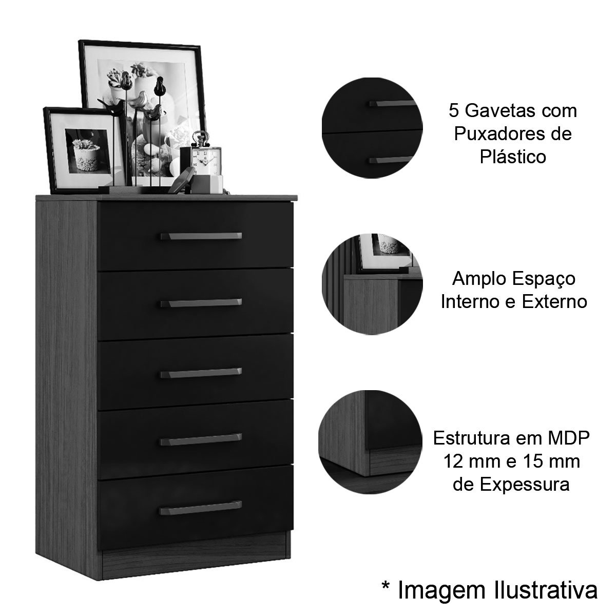 Cômoda 5 Gavetas MDP com Puxadores de Plástico Ellen Atacama/Grafite