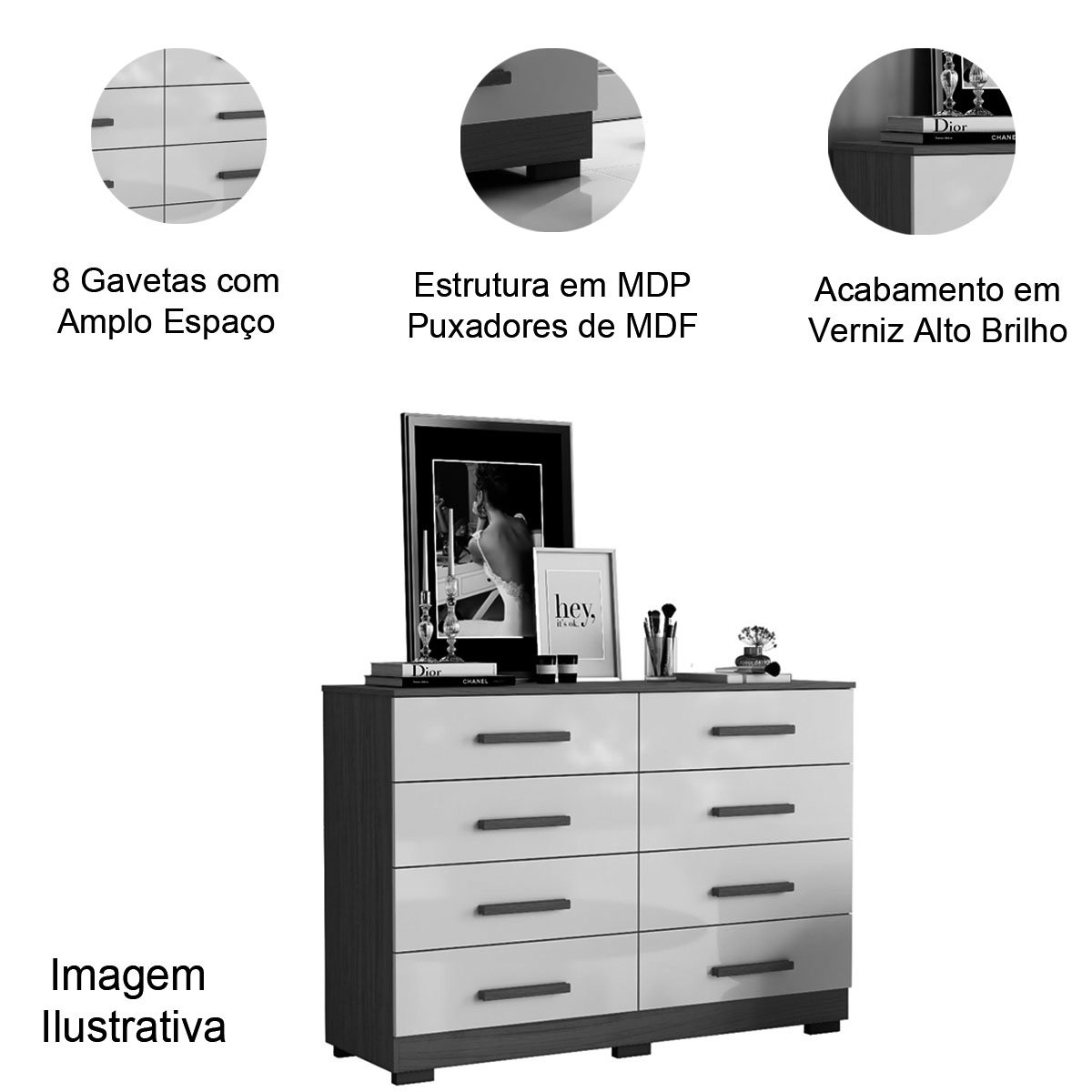 Cômoda Grande 8 Gavetas MDP Amora Atacama