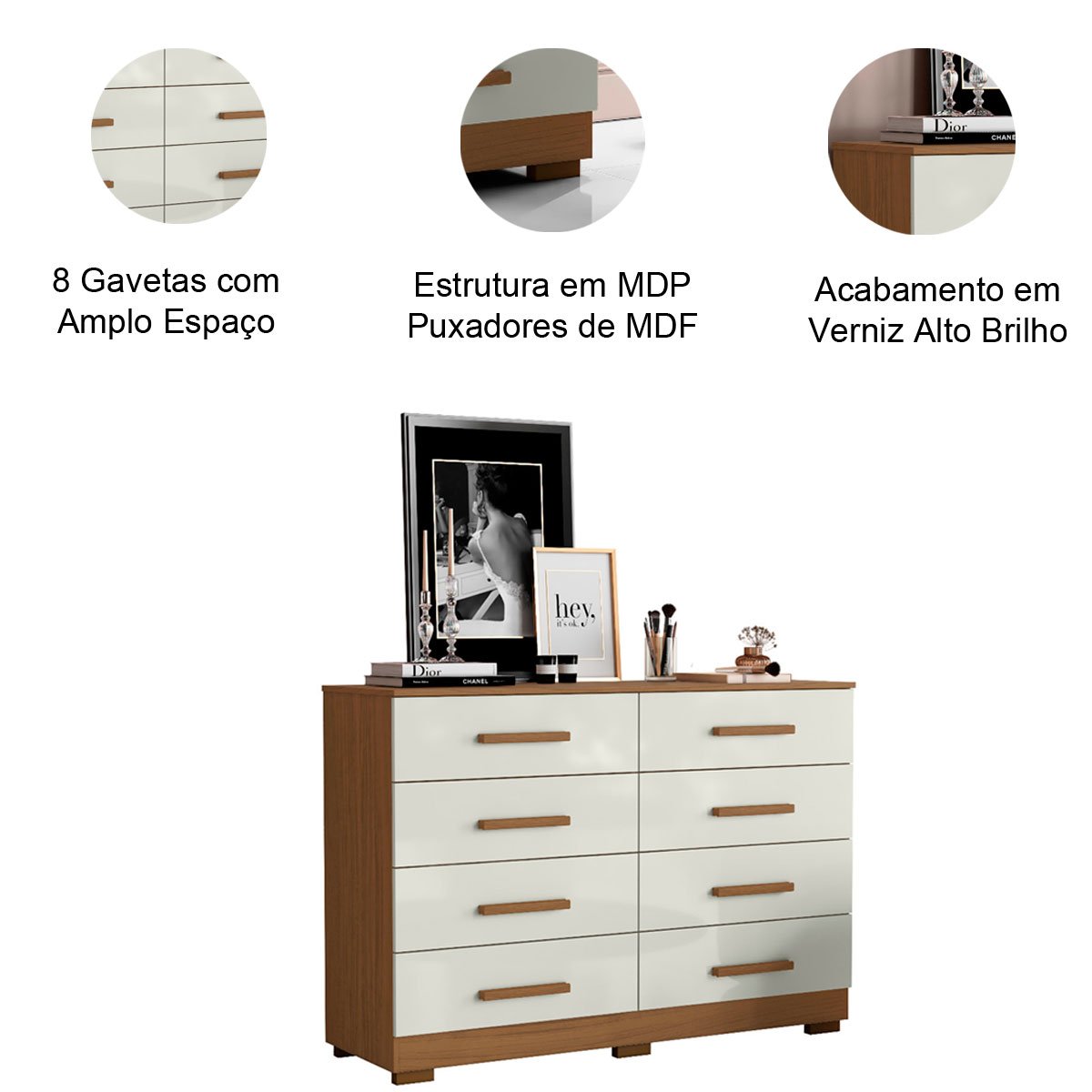 Cômoda Grande 8 Gavetas MDP Amora Atacama/Off White