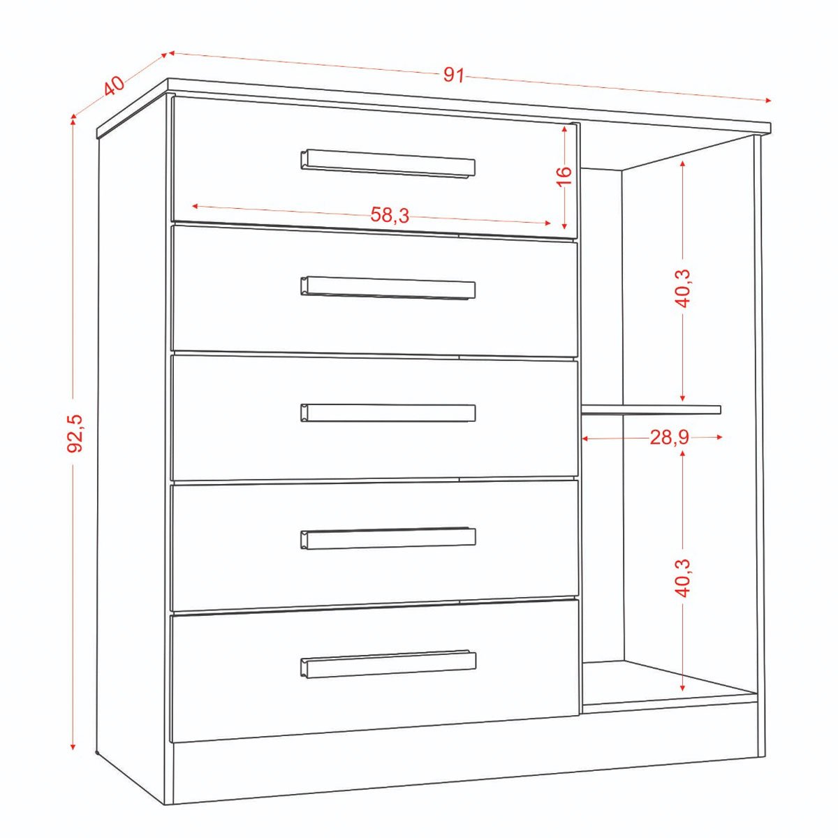 Cômoda Sapateira 5 Gavetas 1 Porta Lily