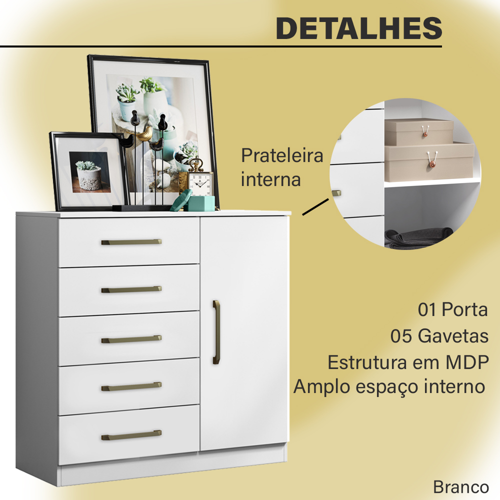Comoda Mila 05 Gavetas 01 Porta 2014145 Branco ARMoveis