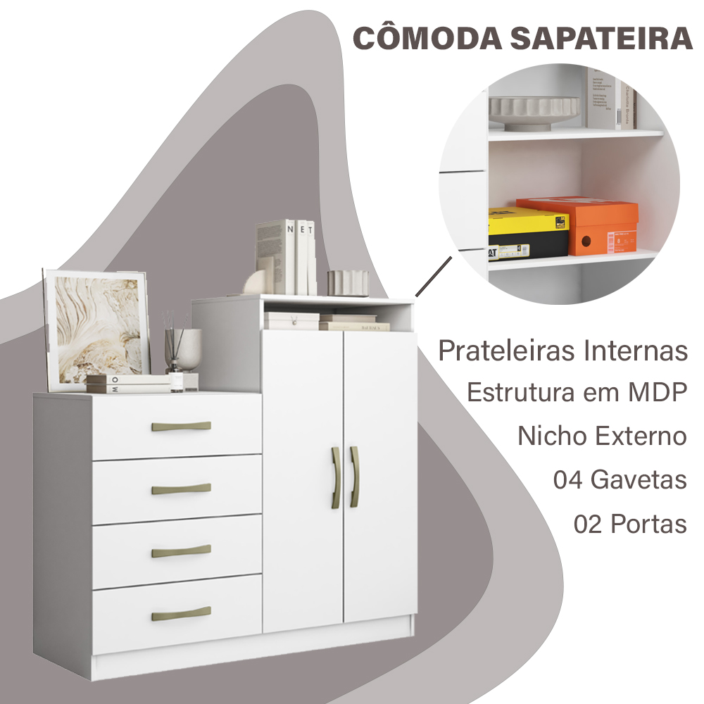 Comoda Sapateira 04 Gavetas 02 Portas 2004142 Branco ARMoveis