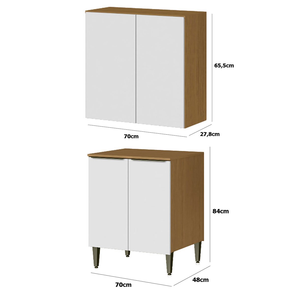 Conjunto Armário Aéreo e Balcão 100% MDF 2 Portas 70cm Luna Atacama/Branco