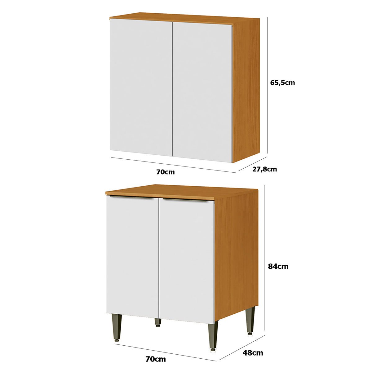 Conjunto Armário Aéreo e Balcão 100% MDF 2 Portas 70cm Luna Cinamomo/Branco