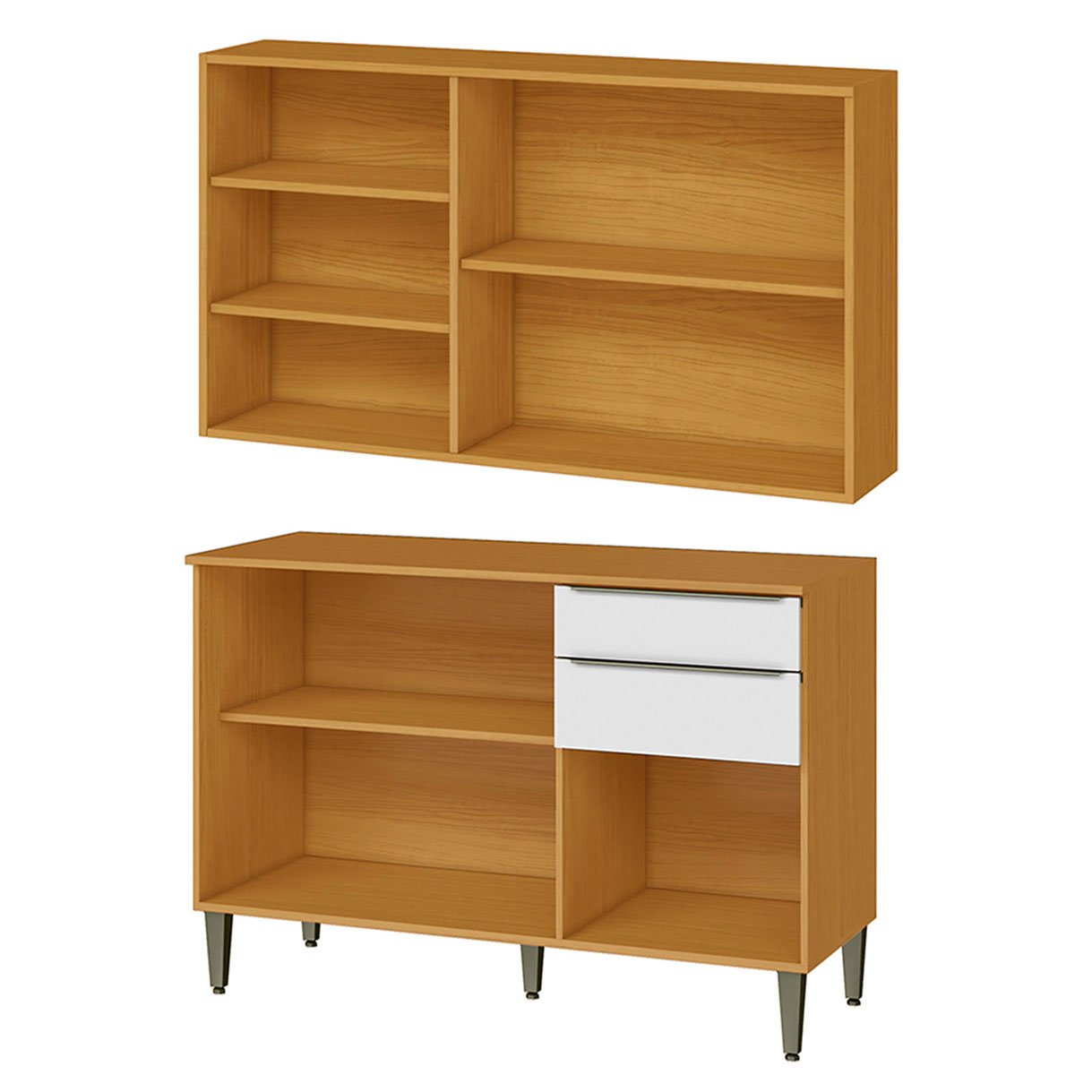 Conjunto Armário Aéreo e Balcão 120cm 100% MDF Luna Cinamomo/Branco