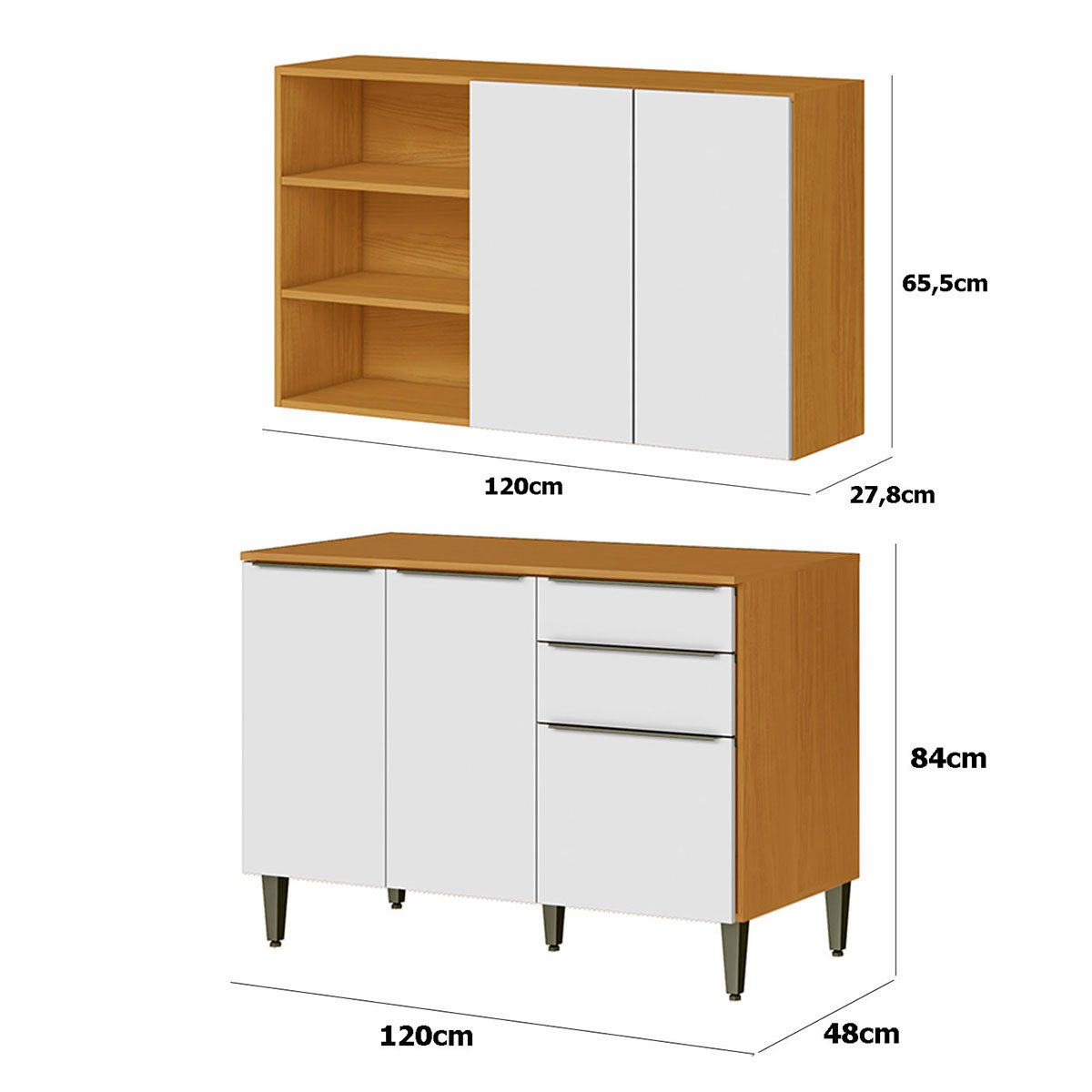 Conjunto Armário Aéreo e Balcão 120cm 100% MDF Luna Cinamomo/Branco