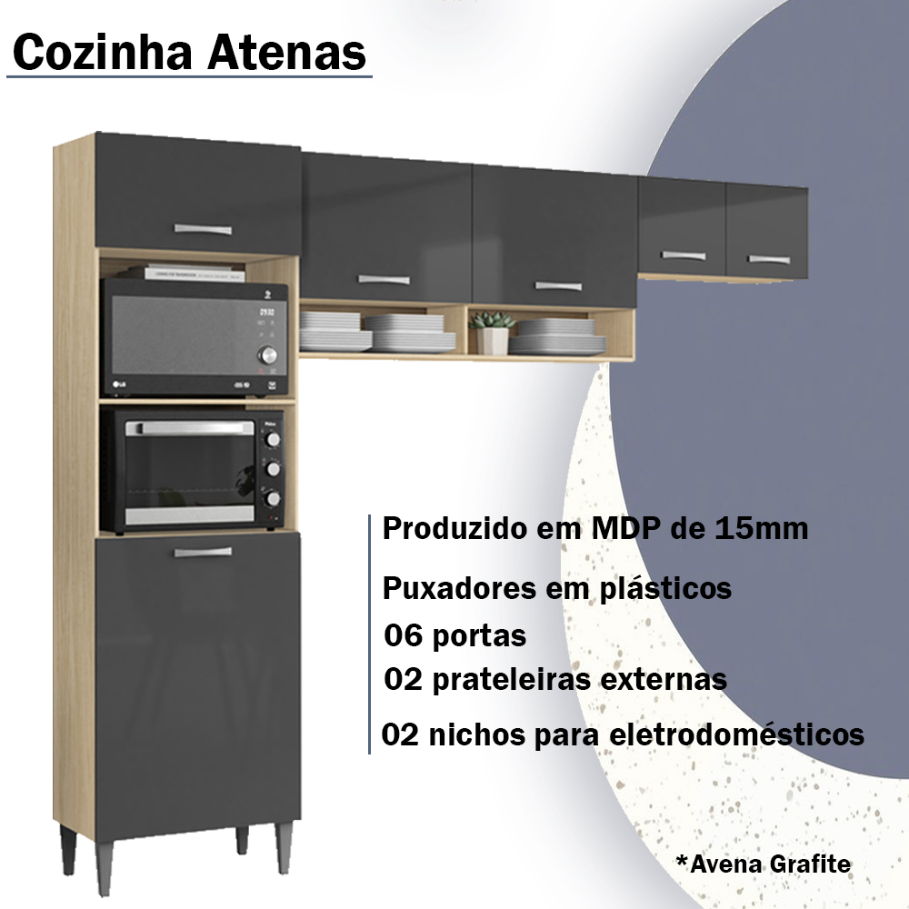 Cozinha Compacta 197cm 6 Portas Avena Grafite Armoveis