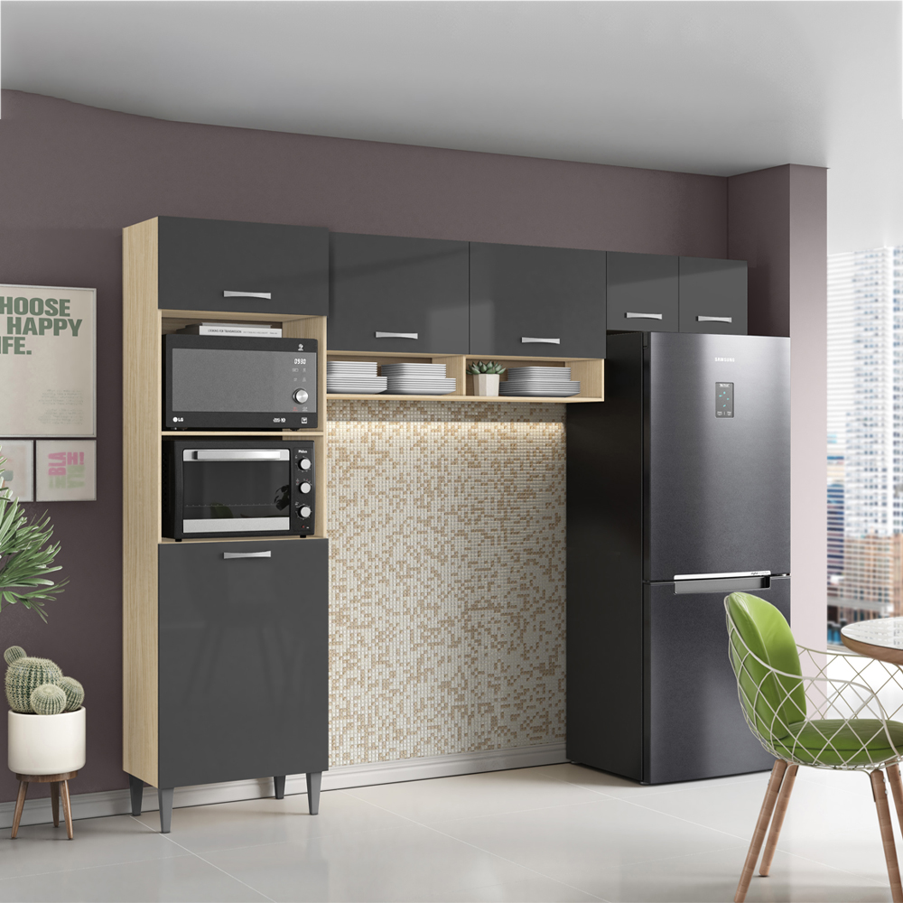 Cozinha Compacta 197cm 6 Portas Avena Grafite Armoveis
