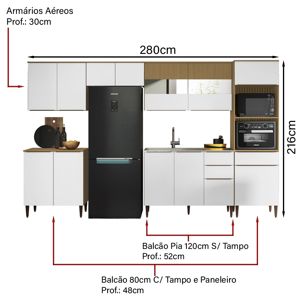 Cozinha Modulada 280cm Completa 06 Peças 20058X03 Atacama Branco ARMoveis