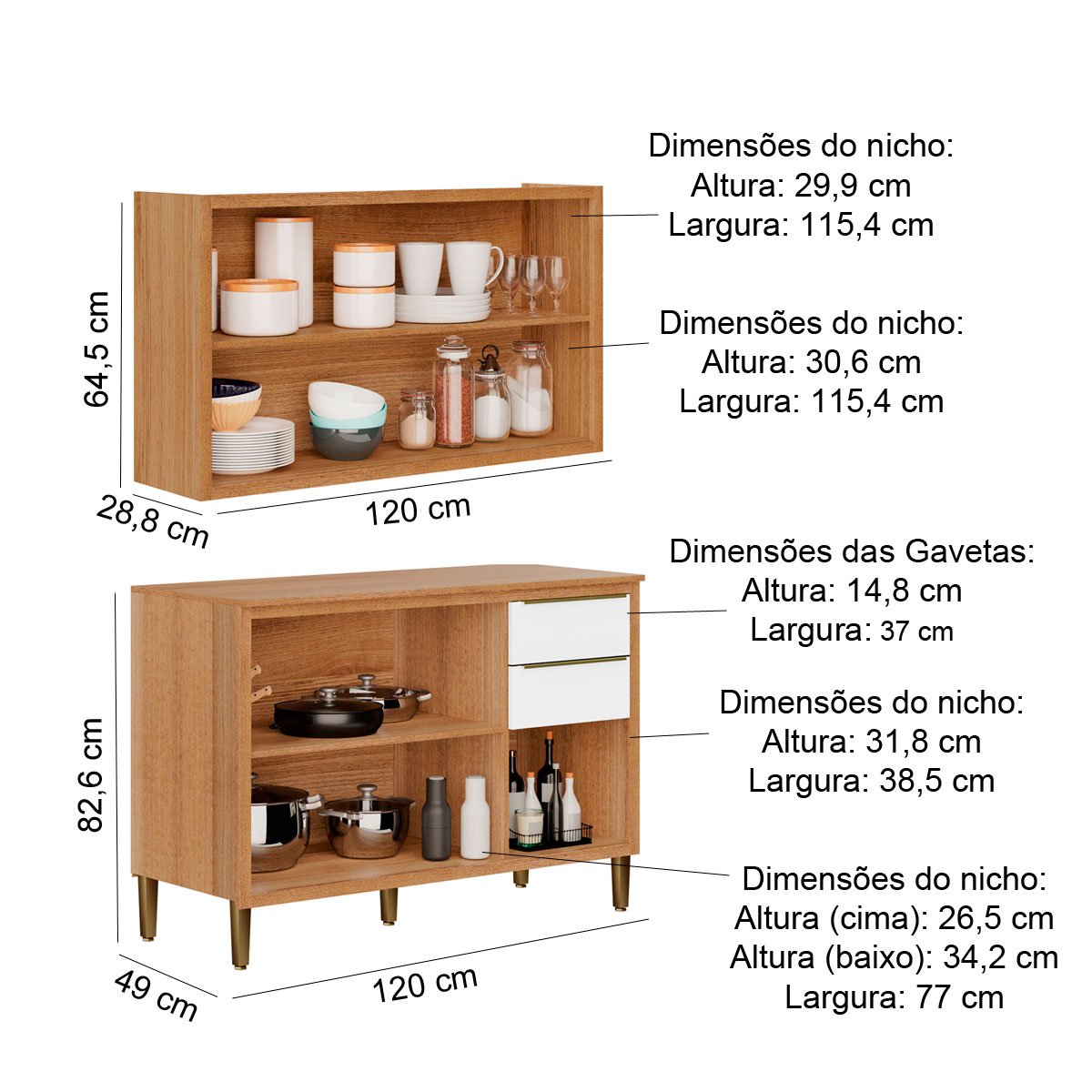Kit Balcão 3 Portas 2 Gavetas com Armário Aéreo para Cozinha Opala