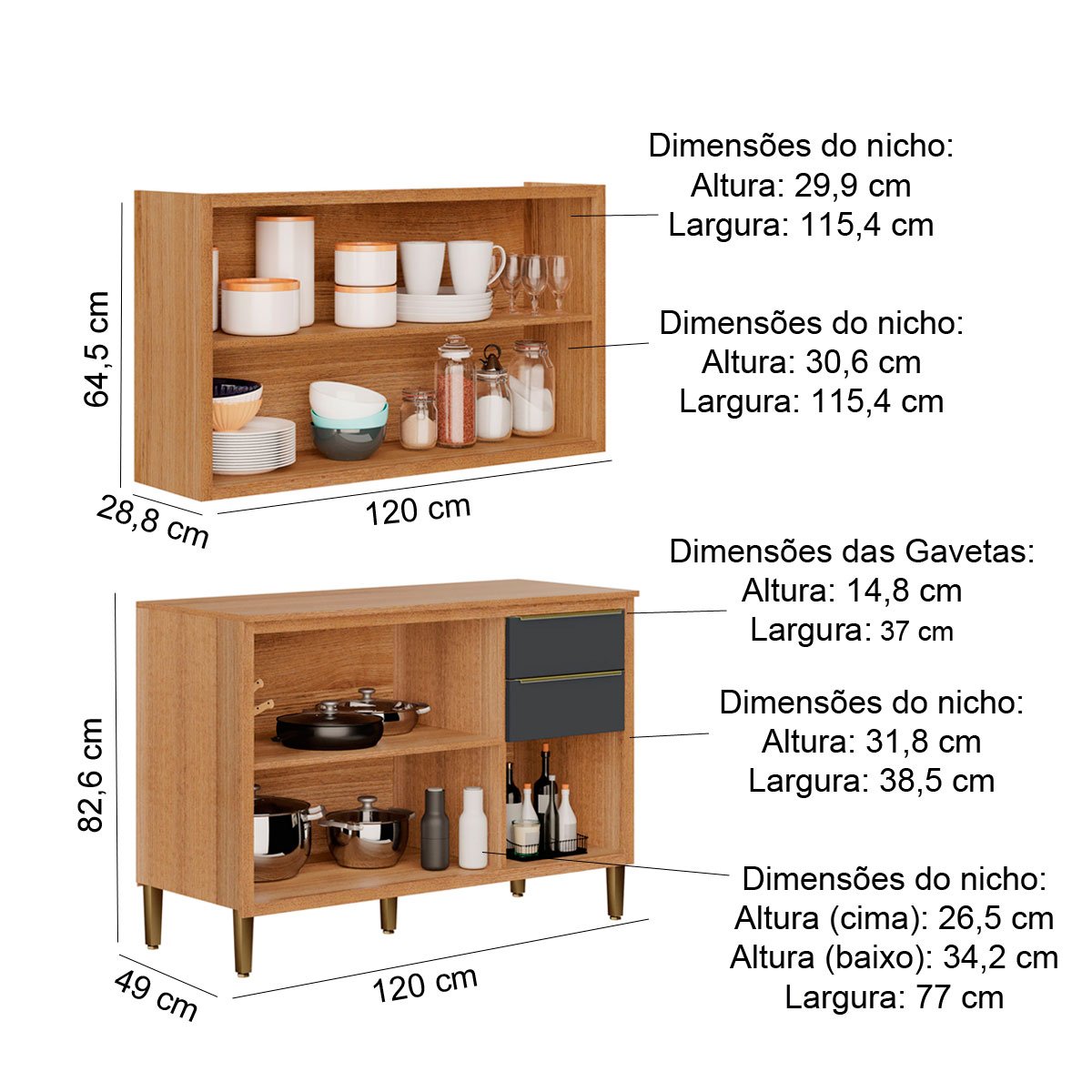 Kit Balcão 3 Portas 2 Gavetas com Armário Aéreo para Cozinha Opala