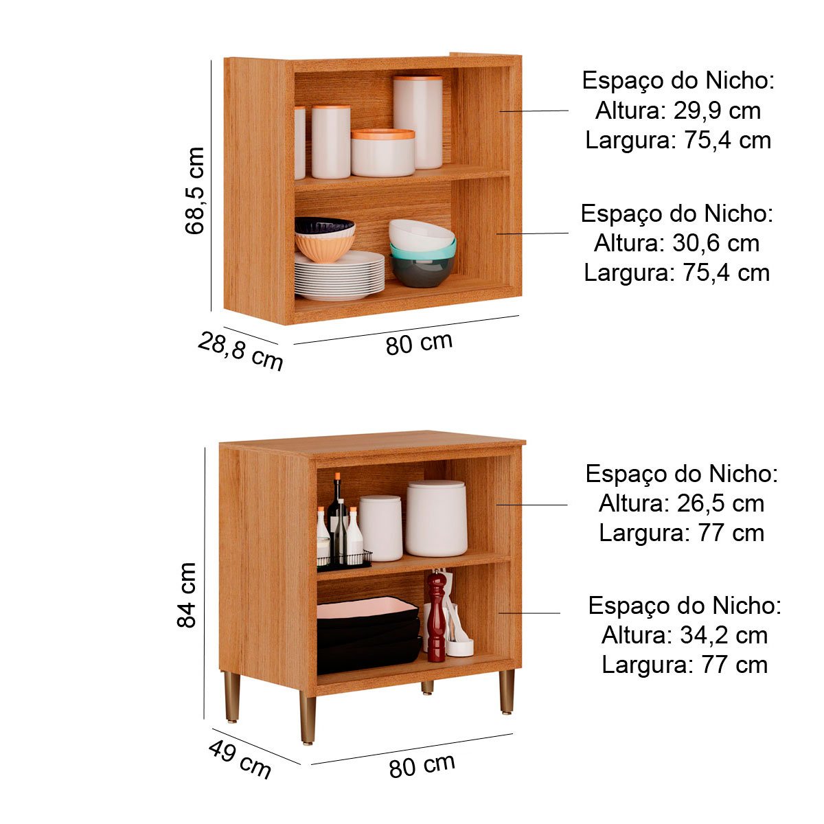 Kit Balcão de Cozinha Com Armário Aéreo 80 cm Opala
