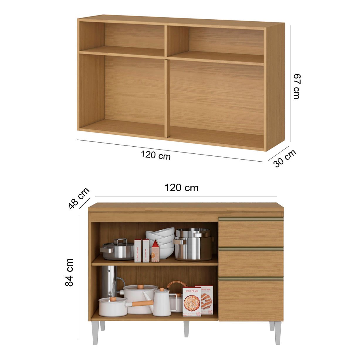 Kit Balcão e Armário Aéreo c/ Vidro de Correr para Cozinha Nevasca