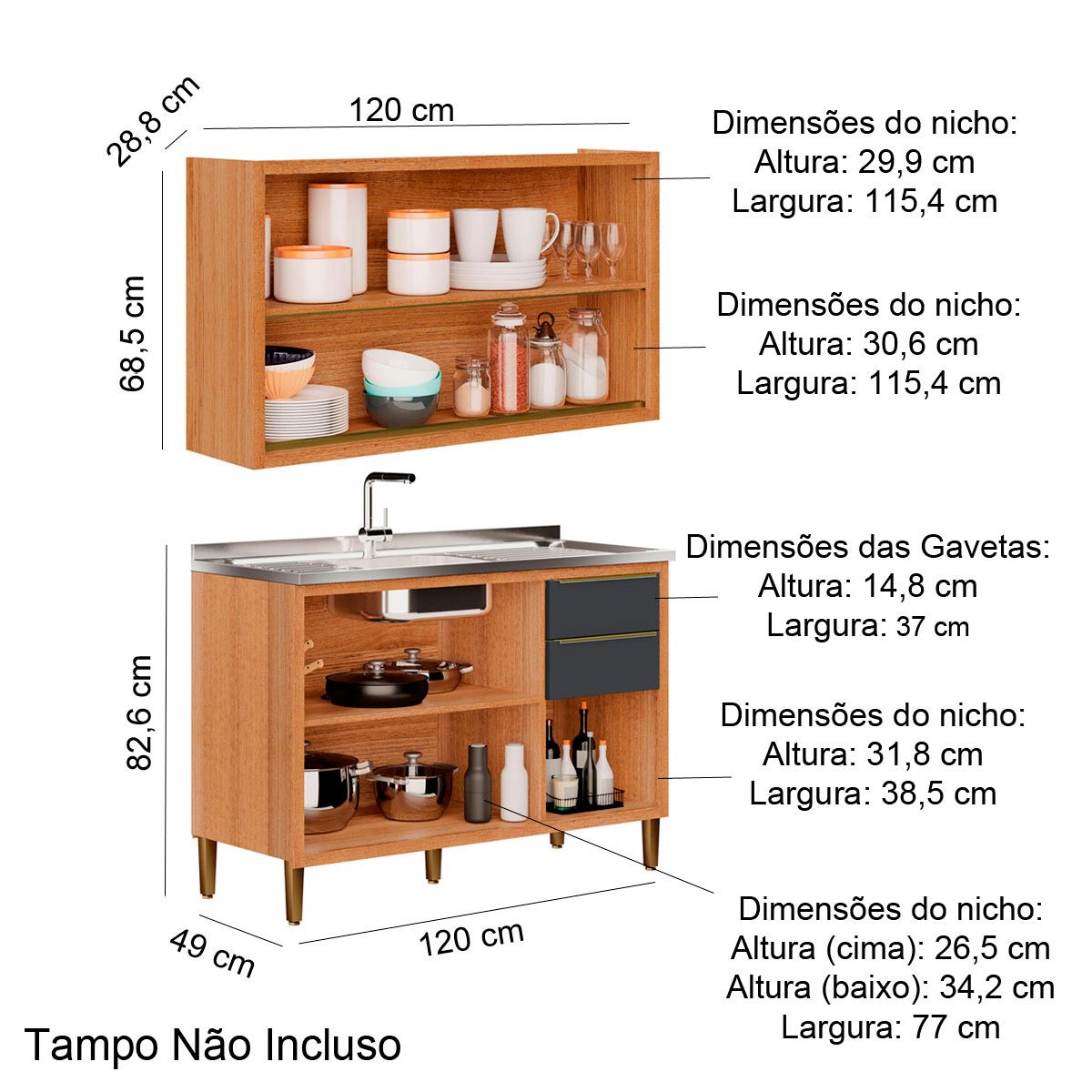 Kit Balcão para Pia e Armário Aéreo com Vidro para Cozinha Opala