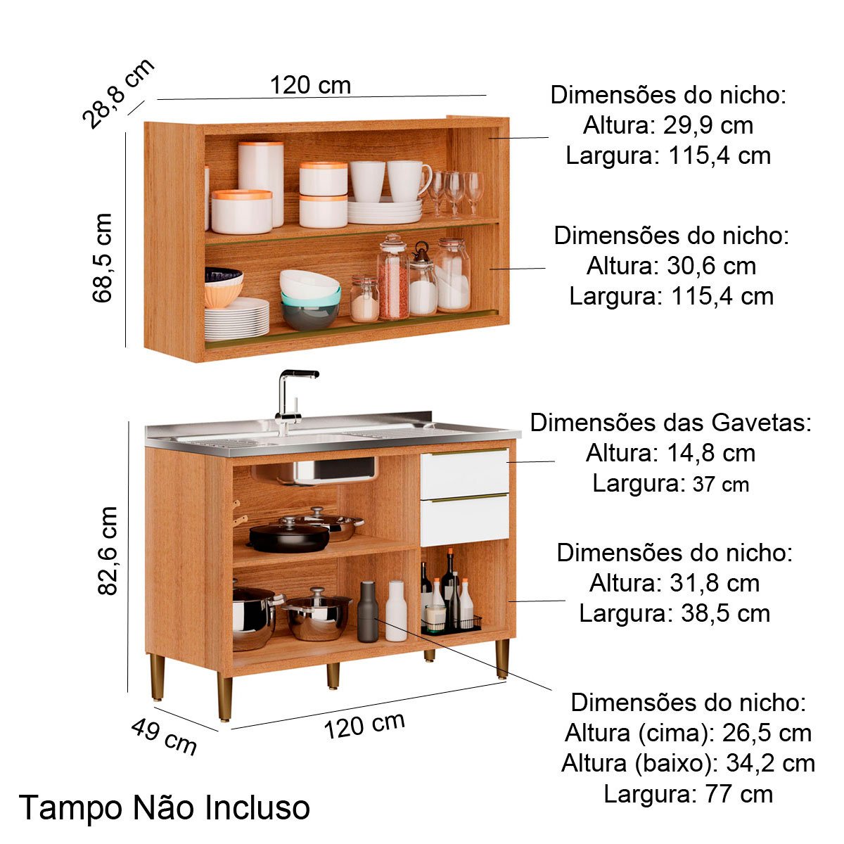 Kit Balcão para Pia e Armário Aéreo com Vidro para Cozinha Opala