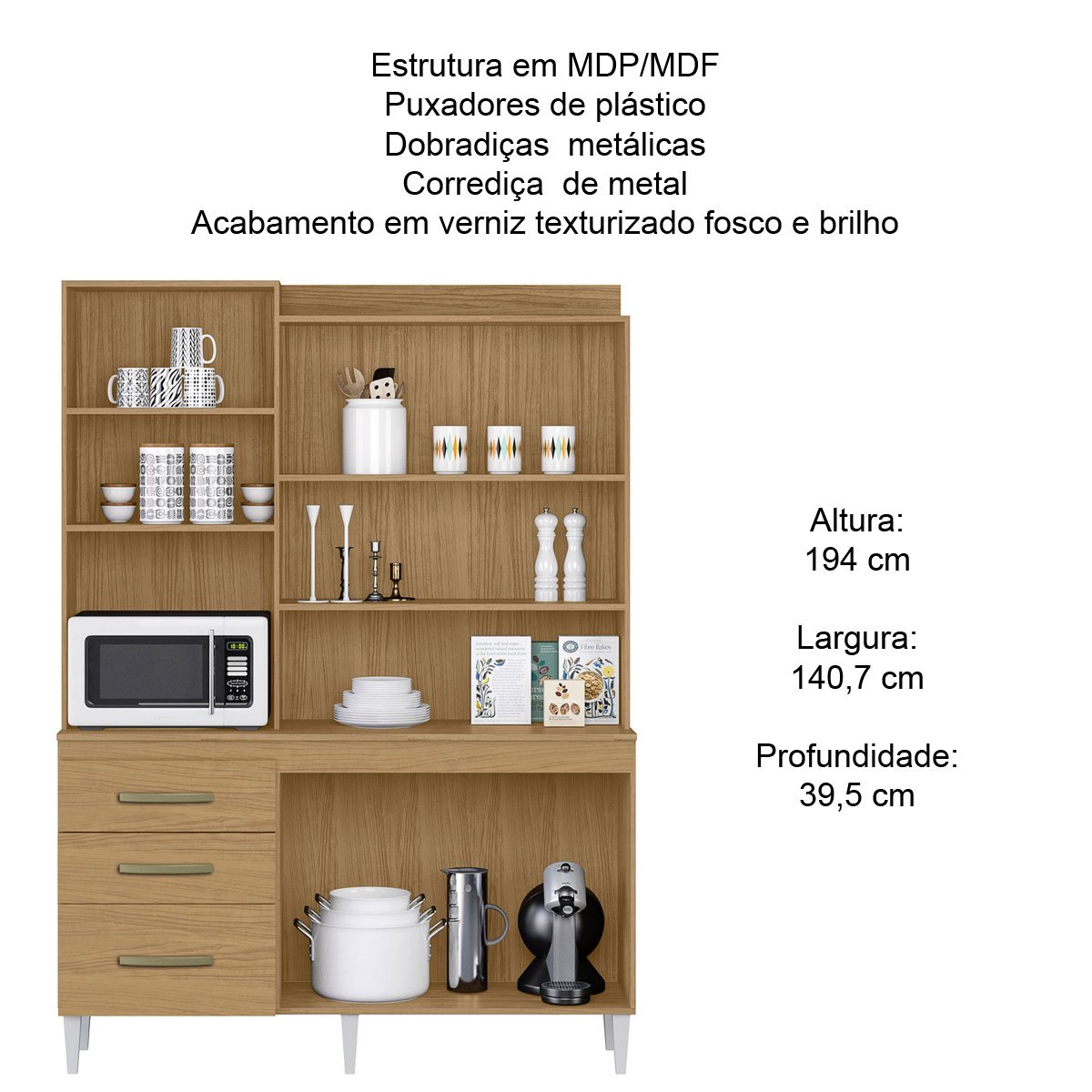Kit Cozinha 5 Portas 3 Gavetas 1 Prateleira Externa Safira