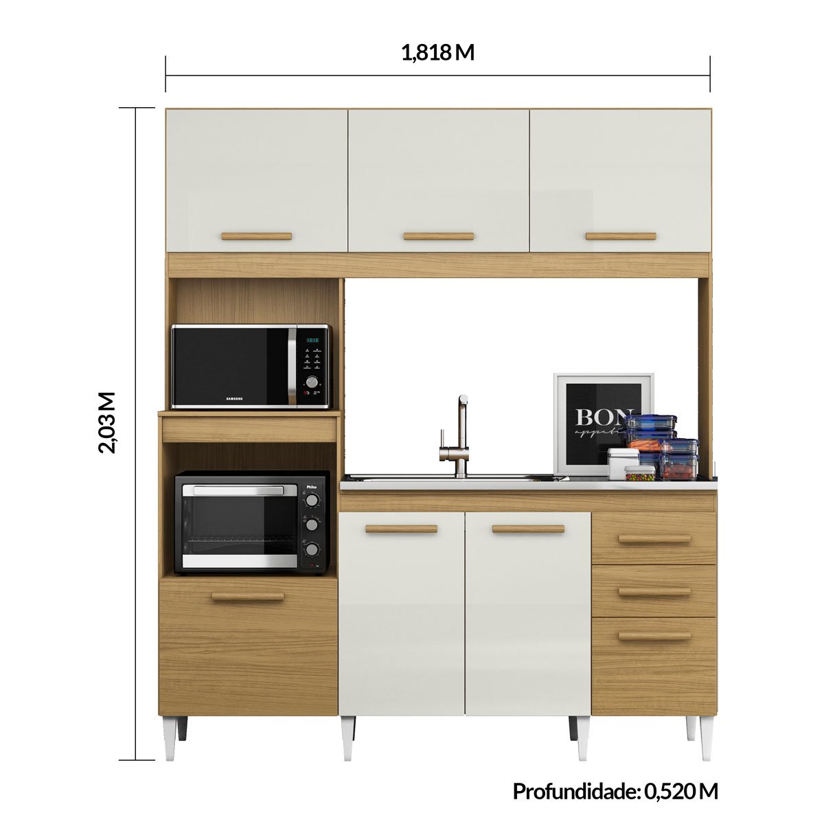 Kit Cozinha 7 Portas 2 Gavetas com Nicho de Microondas Carina