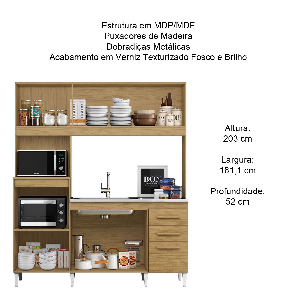 Kit Cozinha 7 Portas 2 Gavetas com Nicho de Microondas Carina