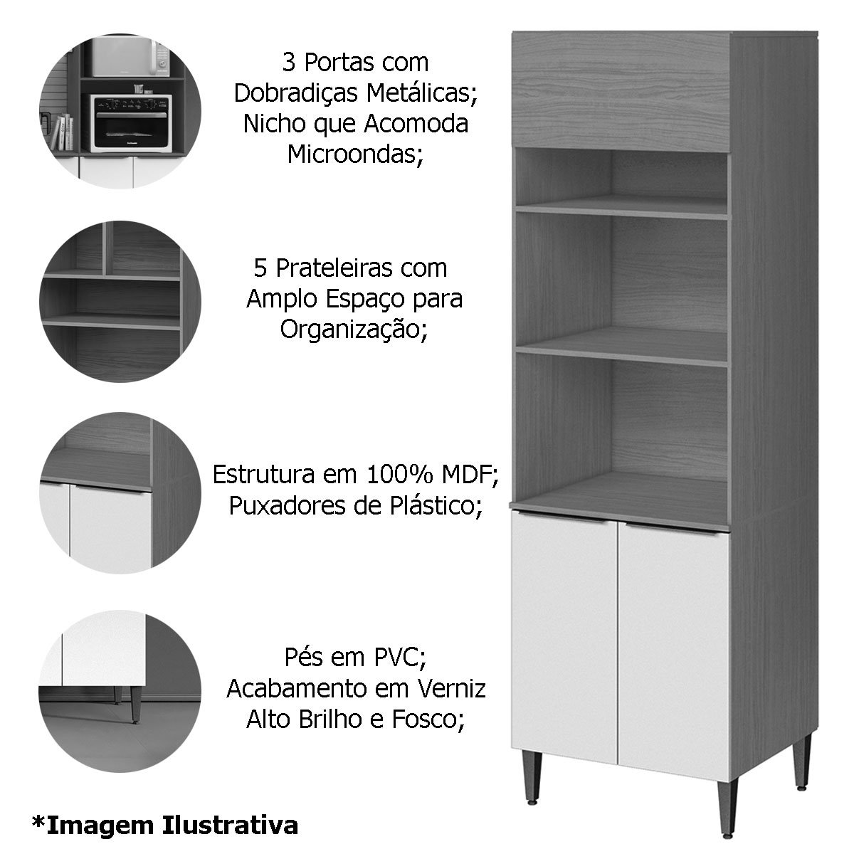 Paneleiro 100% MDF 3 Portas com Nicho para Microondas Luna Atacama/Branco