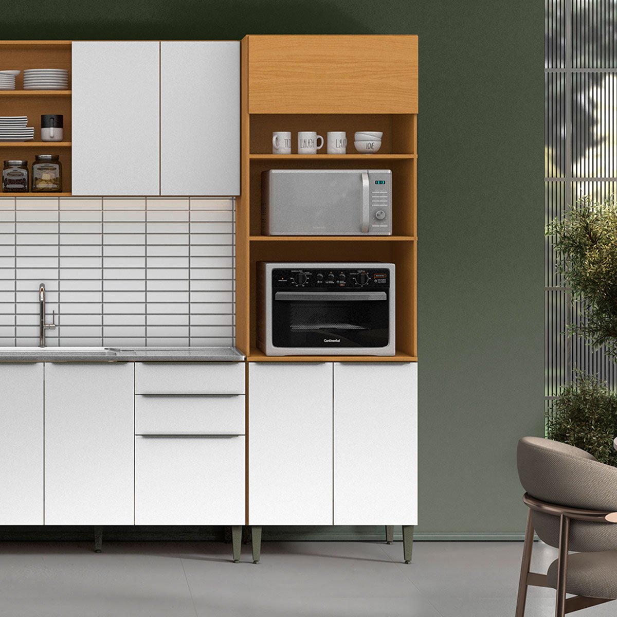 Paneleiro 100% MDF 3 Portas com Nicho para Microondas Luna Cinamomo/Branco