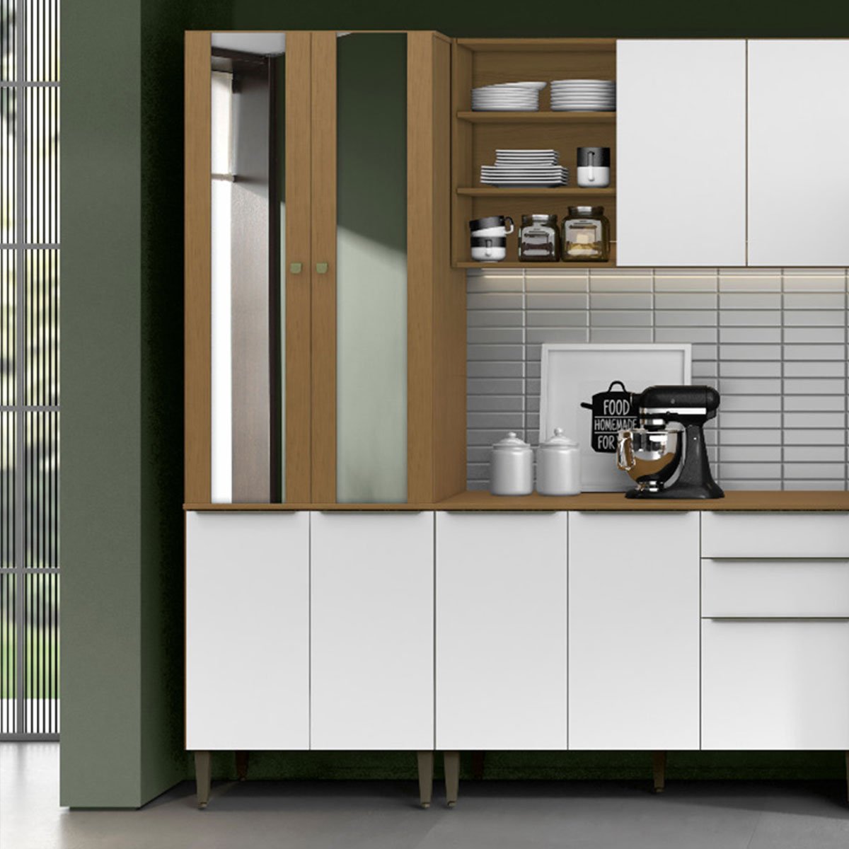 Paneleiro 4 Portas 100% MDF com Vidro E 4 Prateleiras Luna Atacama/Branco