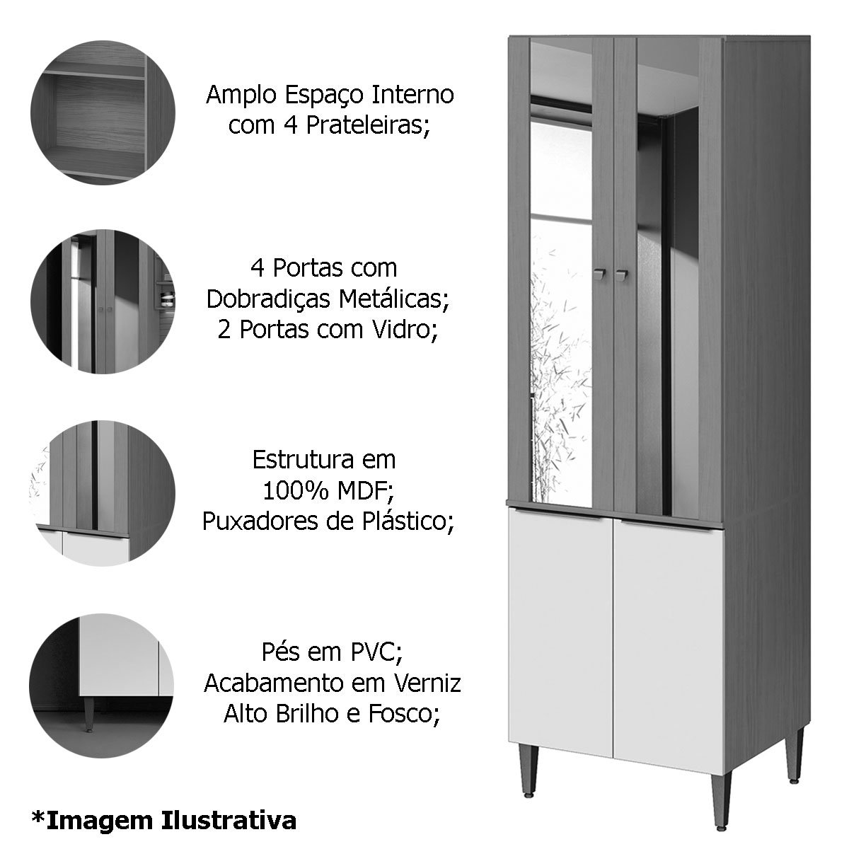 Paneleiro 4 Portas 100% MDF com Vidro E 4 Prateleiras Luna Cinamomo/Branco