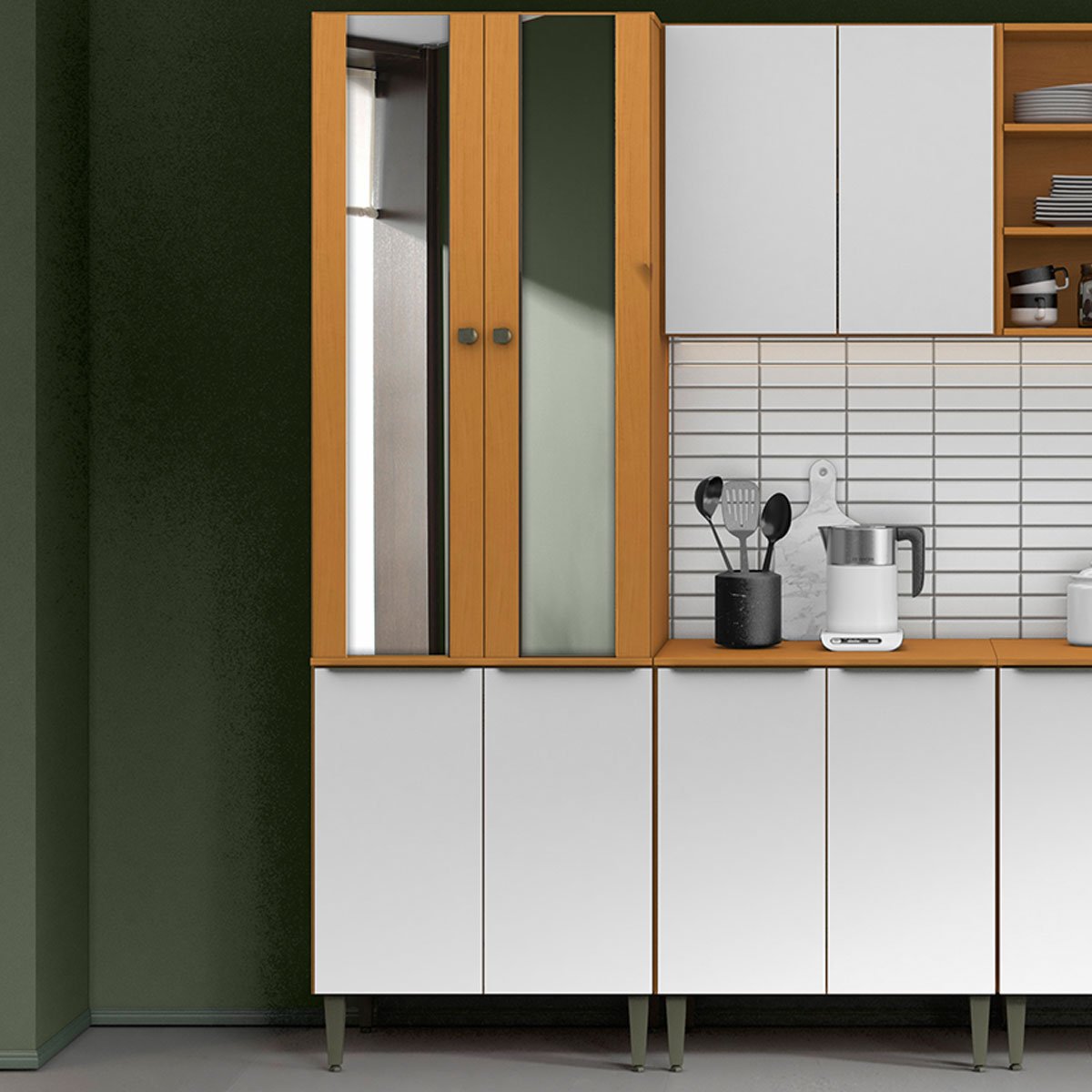 Paneleiro 4 Portas 100% MDF com Vidro E 4 Prateleiras Luna Cinamomo/Branco