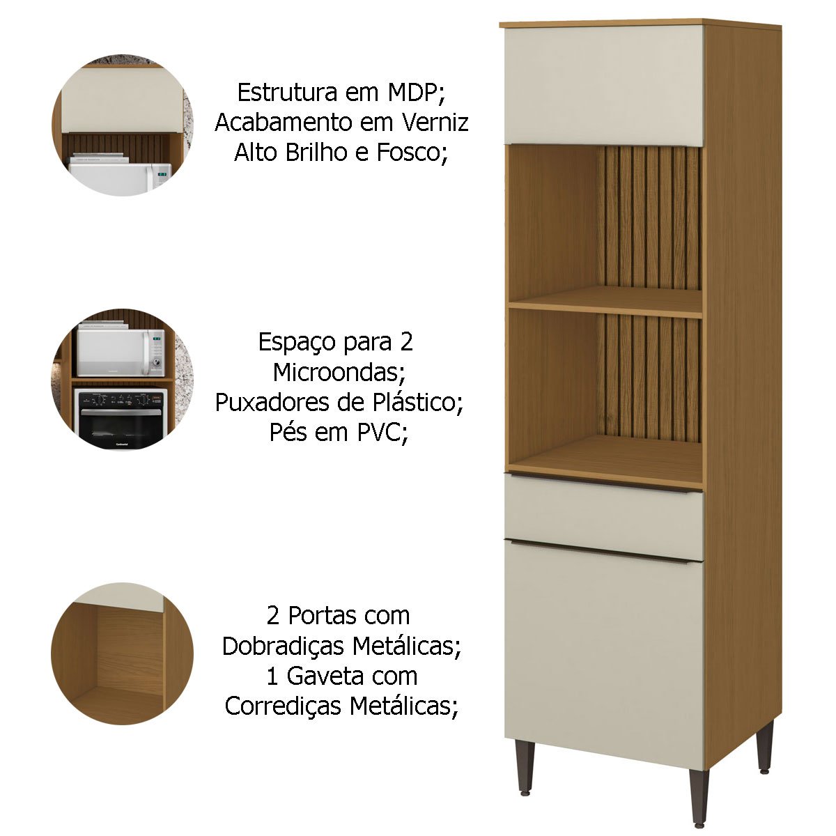 Paneleiro para Cozinha 2 Portas 1 Gaveta c/ nicho para 2 microondas Raiar