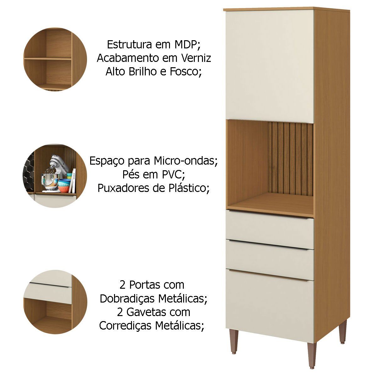 Paneleiro para Cozinha 2 Portas 2 Gavetas c/ Nicho de Microondas Raiar